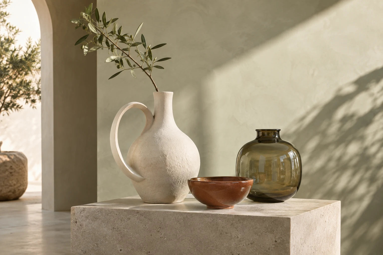 Uma natureza-morta editorial de cerâmica marfim, uma tigela de terracota e vidro cor de azeitona