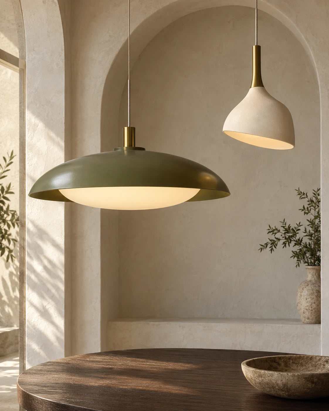 An editorial study of olive and ivory pendant lighting in an architectural interior